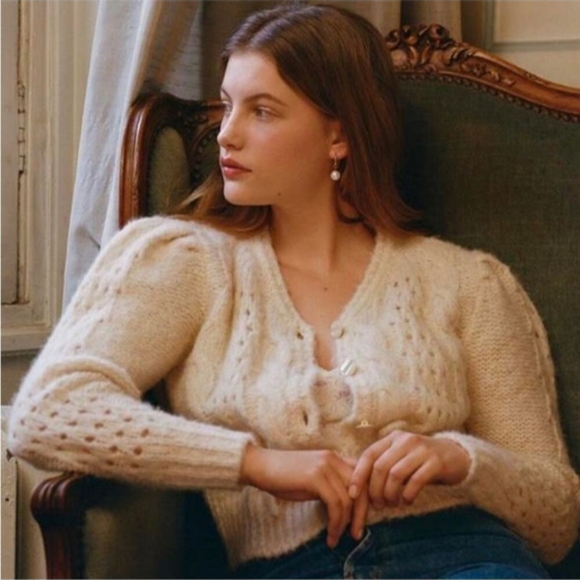 Rouje Sweaters - Rouje Aria Cable Knit Tie Front Alpaca Cardigan Sweater Solid Cream Ecru